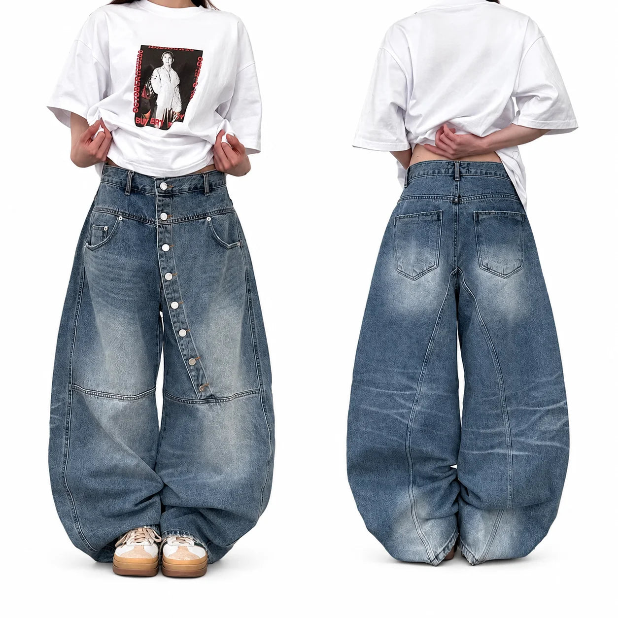 Women's Asymmetric Button Front Baggy Jeans, High Waist Vintage Washed Wide Leg Denim Pants Y2K Streetwear Loose Barrel Jeans for Daily Wear