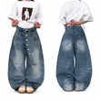 Women's Asymmetric Button Front Baggy Jeans, High Waist Vintage Washed Wide Leg Denim Pants Y2K Streetwear Loose Barrel Jeans for Daily Wear