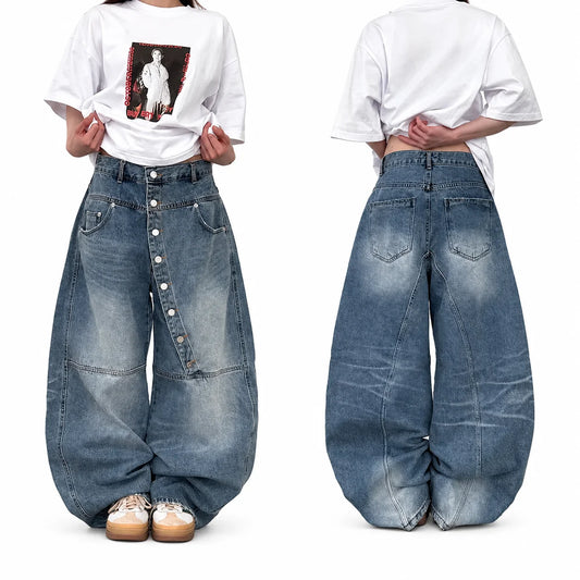 Women's Asymmetric Button Front Baggy Jeans, High Waist Vintage Washed Wide Leg Denim Pants Y2K Streetwear Loose Barrel Jeans for Daily Wear