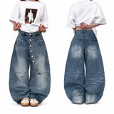 Women's Asymmetric Button Front Baggy Jeans, High Waist Vintage Washed Wide Leg Denim Pants Y2K Streetwear Loose Barrel Jeans for Daily Wear
