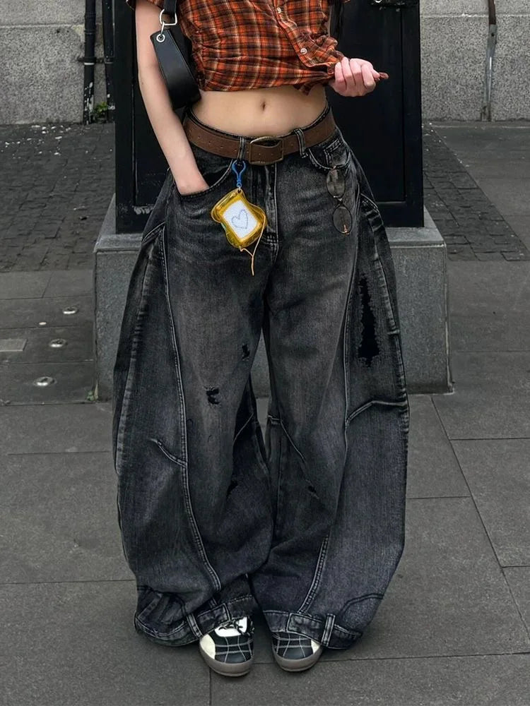 Black Jeans Women Vintage High Waisted Cargo Jeans Straight 2025 Summer Casual Loose Big Size Wide Leg Denim Baggy Pants Y2K