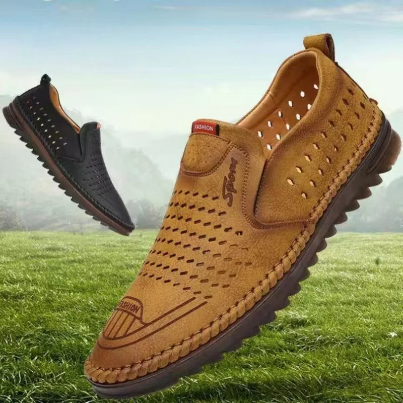 Men's Genuine Leather Sandals Men Summer Hollow Breathable Leather Shoes Mens Casual Soft Comfortable Flats EU Sizes 38-48