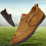 Men's Genuine Leather Sandals Men Summer Hollow Breathable Leather Shoes Mens Casual Soft Comfortable Flats EU Sizes 38-48