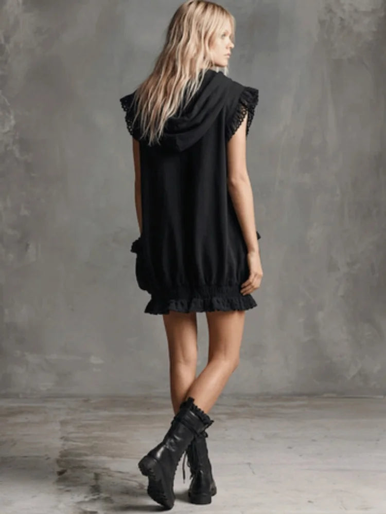 Stand Collar Half Zip Sleeveless Loose Mini Dress Lace Trim Pocket Ruffle Hem Dress For Women Street Punk Daily Trendy Outfit
