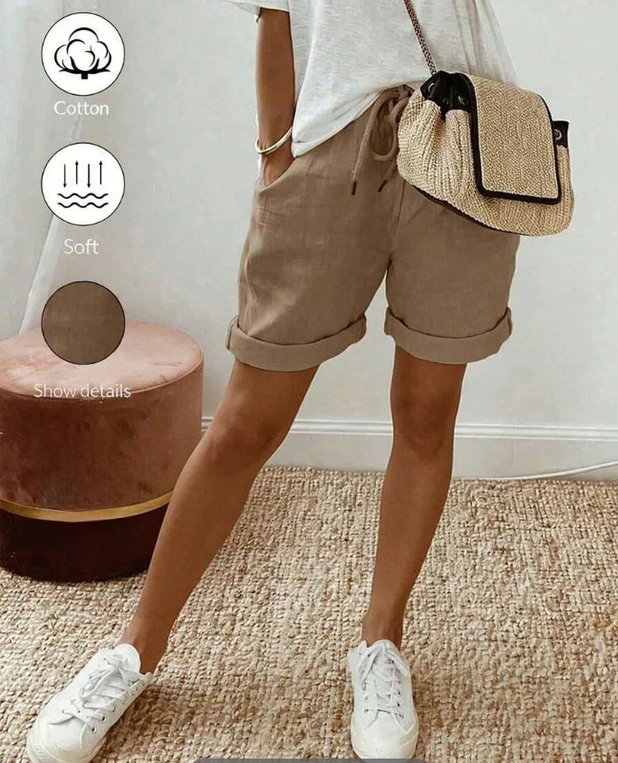 Women's Summer Vintage Modest Linen Casual Drawstring Rolled Hem Shorts,Elastic Waist Textured Fabric Khaki Loose Trousers For Vacation