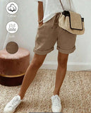 Women's Summer Vintage Modest Linen Casual Drawstring Rolled Hem Shorts,Elastic Waist Textured Fabric Khaki Loose Trousers For Vacation
