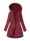 Women Hooded Warm Padded Jacket Fleece Lined Interior Diagonal Zipper Slim Silhouette Mid Length Winter Outer Coat