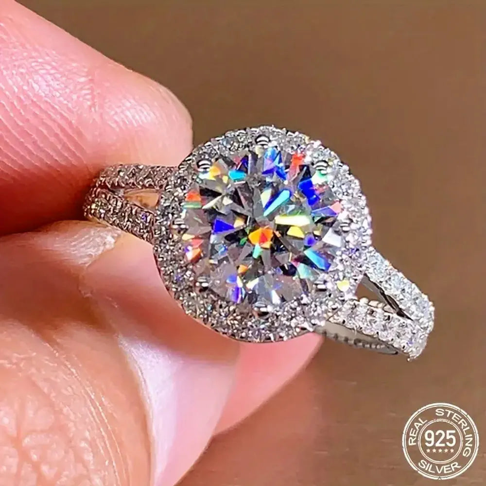 925 Sterling Silver 2ct Round Cut Moissanite Engagement Ring Wedding Band for Women Bridal Promise Fine Jewelry Gift