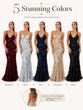 Sexy Sequin Floral Mermaid Evening Gown for Women Deep V Neck Spaghetti Strap Formal Prom Dress Floor Length Tulle Wedding Guest Party Ball Gown