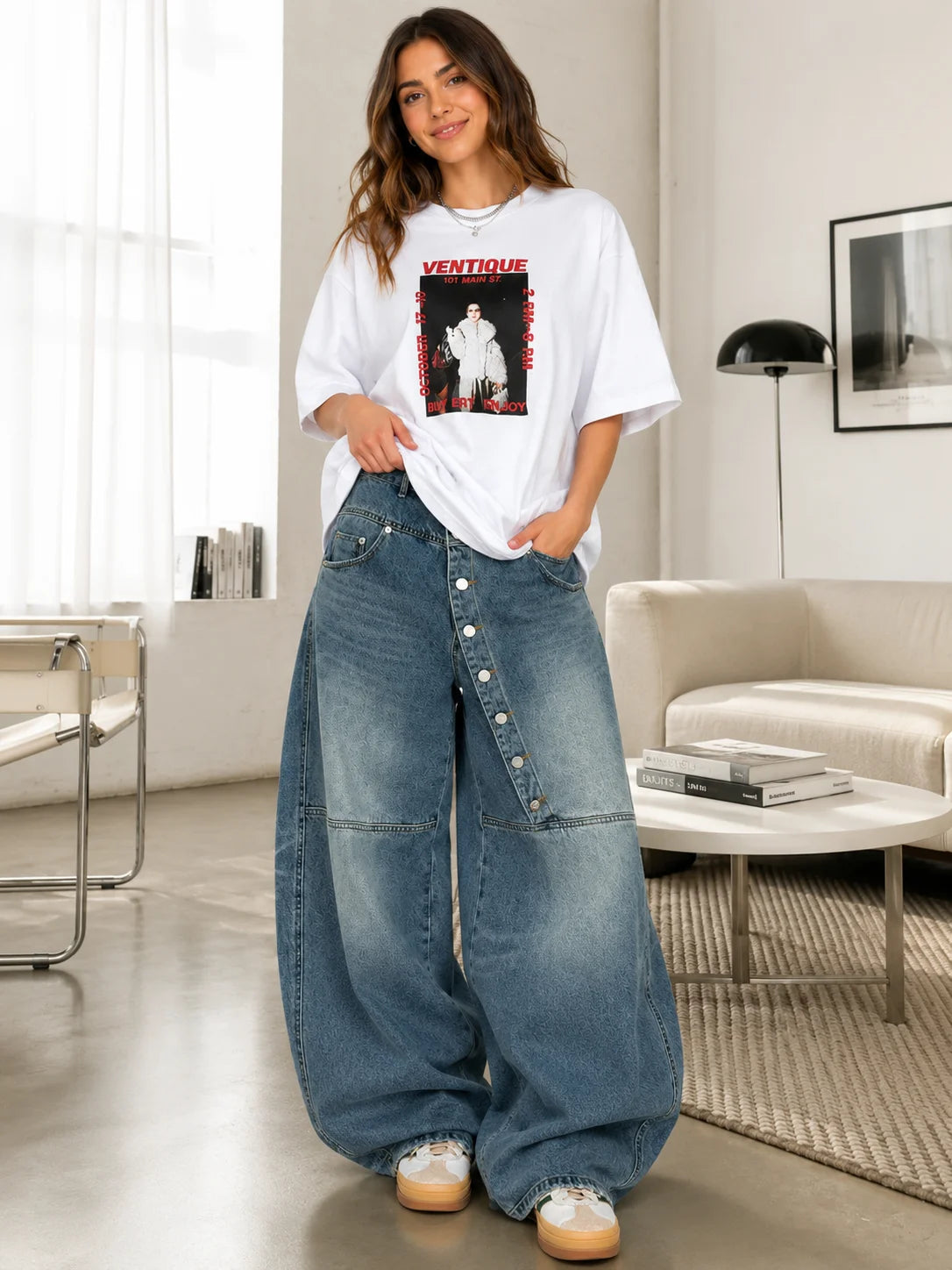 Women's Asymmetric Button Front Baggy Jeans, High Waist Vintage Washed Wide Leg Denim Pants Y2K Streetwear Loose Barrel Jeans for Daily Wear