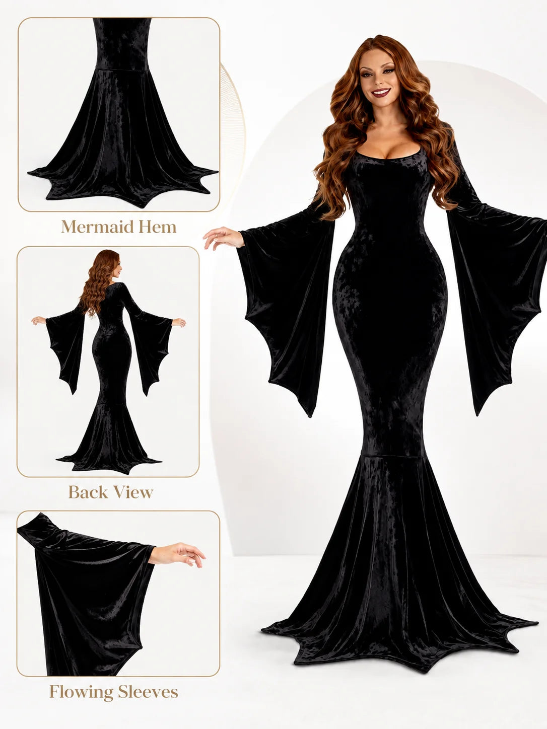 Women Gothic Velvet Mermaid Maxi Dress Bat Flared Long Sleeve Bodycon Gown Dark Witch Vampire Costume Halloween Cosplay Party Outfit