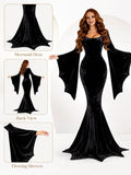 Women Gothic Velvet Mermaid Maxi Dress Bat Flared Long Sleeve Bodycon Gown Dark Witch Vampire Costume Halloween Cosplay Party Outfit