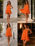 Women Halter Keyhole Mini Dress Open Back Tie Back Flowy Chiffon Sundress Sleeveless A‑Line Swing Short Dress Solid Color Summer Holiday Beach Vacation Pool Party Wedding Guest Cocktail Evening Casual Dating Birthday Dress
