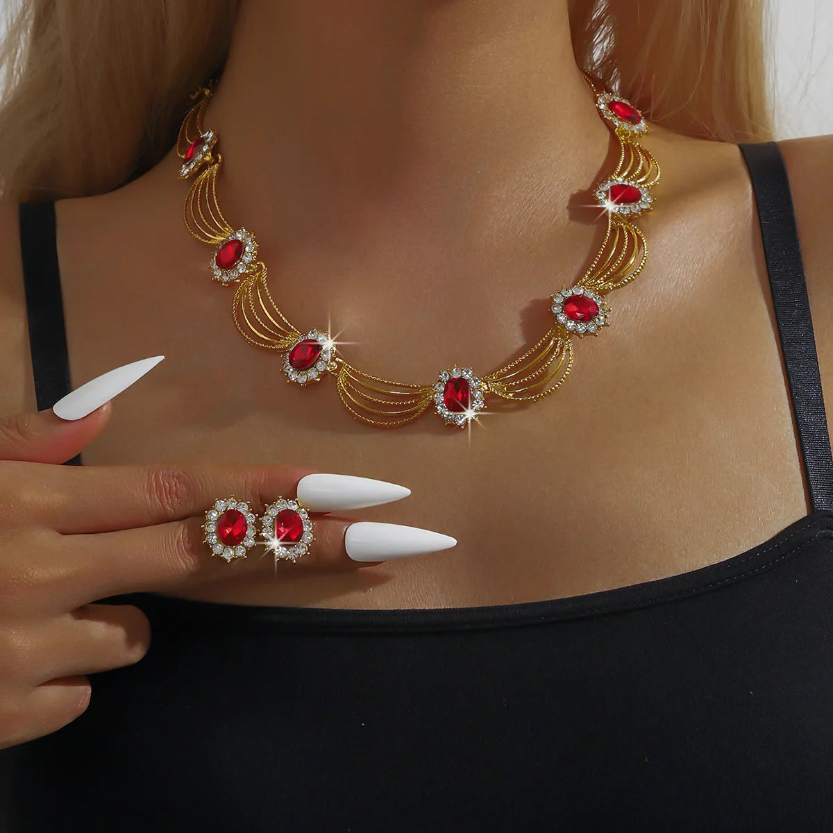 Luxury and High-End Retro Gemstone Necklace Earrings, Bride's Wedding Banquet Jewelry Set, Date, Birthday, Dinner Party