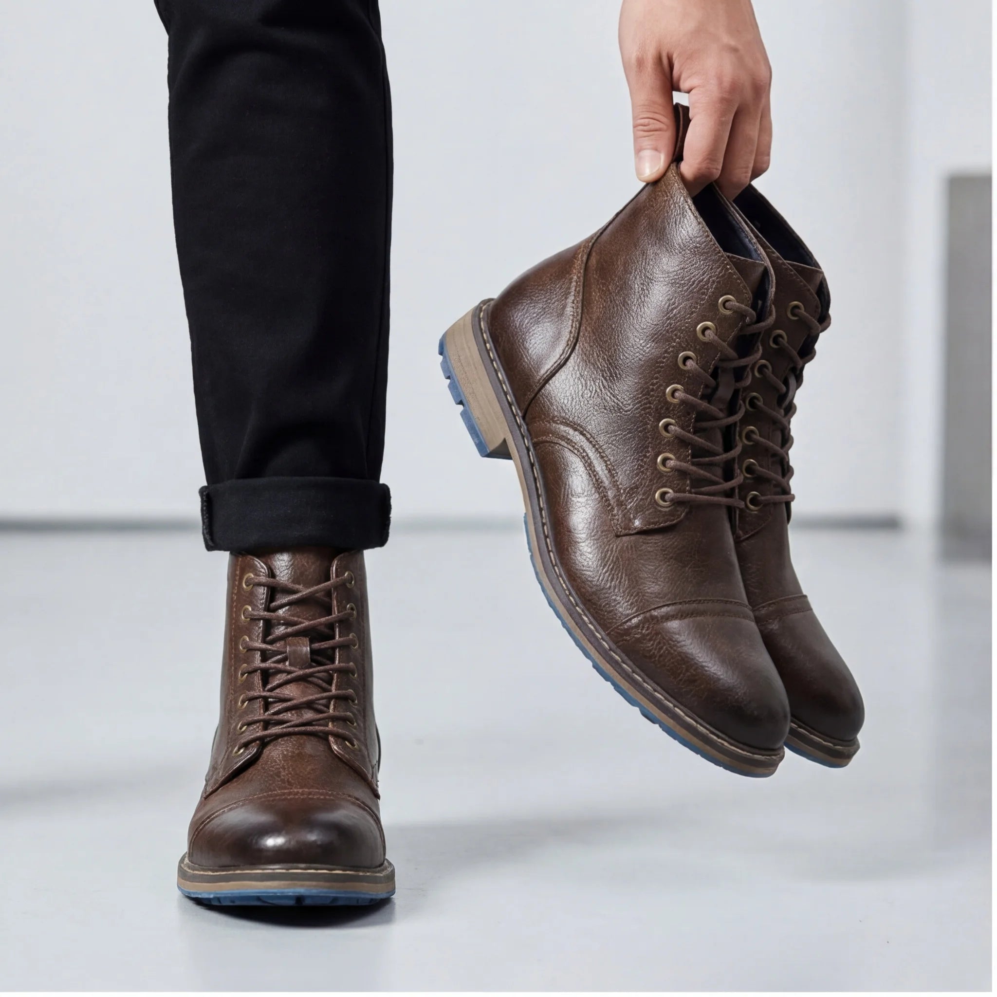 Men's Vintage Combat Boots Lace-Up Cap Toe Ankle Booties with Pull Tab Non-Slip Sole