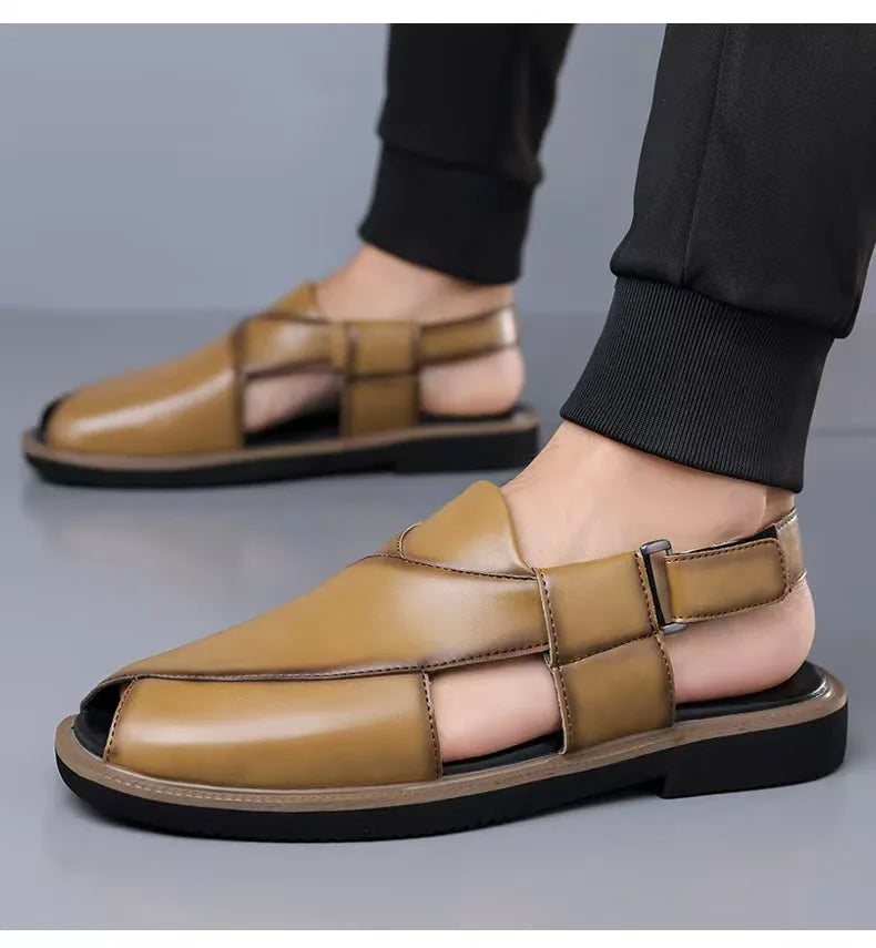 PU Leather Men's Sandals Handmade Stitching Beach Shoes Non Slip Hollow Out Shoes Outdoor Casual Sandaly All-match Man Sandalias
