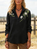 2026 New Fashion Trend Women's Embroidered Shirt, Bohemian Style with Floral and Botanical Embroidery, Loose Long-Sleeve Stand-Up Collar Shirt, Perfect for Spring and Autumn Outings and Casual Wear