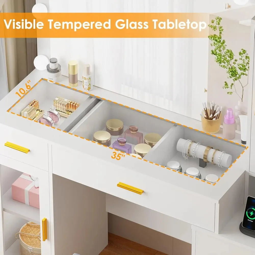 49.2" Large Glass Top Vanity Desk with Lighted Mirror and Stool | White Makeup Vanity table with Nightstand,Power, Custom