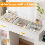 49.2" Large Glass Top Vanity Desk with Lighted Mirror and Stool | White Makeup Vanity table with Nightstand,Power, Custom