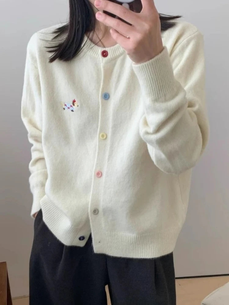 Autumn Winter 2026 Soft Elegant O-neck Loose Casual Sweaters Women Knitted Chic Embroidery Cardigan Basic Colorful Buttons Tops