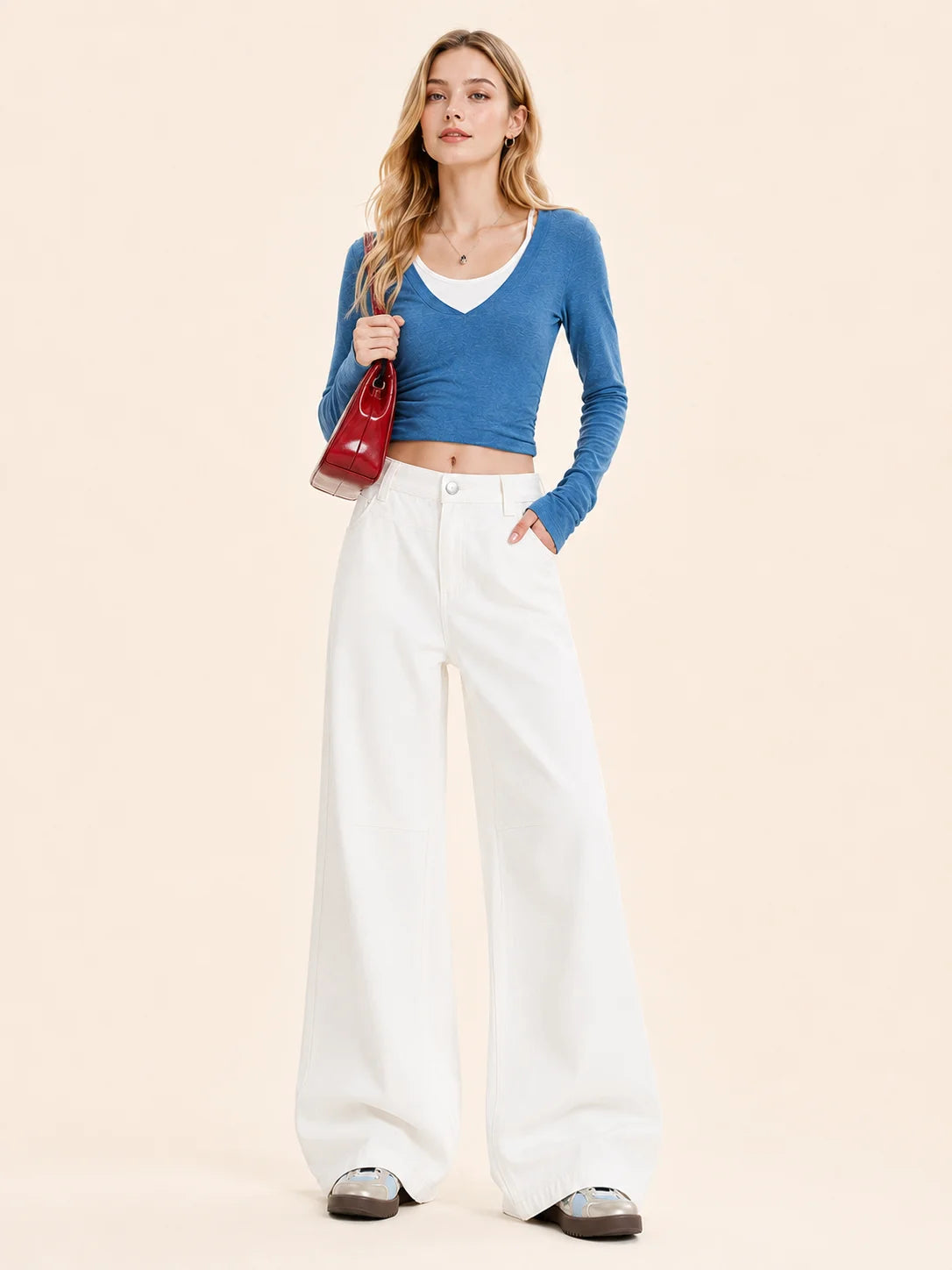 Women's White Wide Leg Jeans, High Waist Loose Baggy Denim Pants Casual Solid Color Full Length Palazzo Trousers with Pockets for Daily Street Shopping