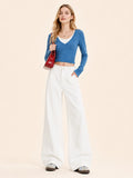 Women's White Wide Leg Jeans, High Waist Loose Baggy Denim Pants Casual Solid Color Full Length Palazzo Trousers with Pockets for Daily Street Shopping