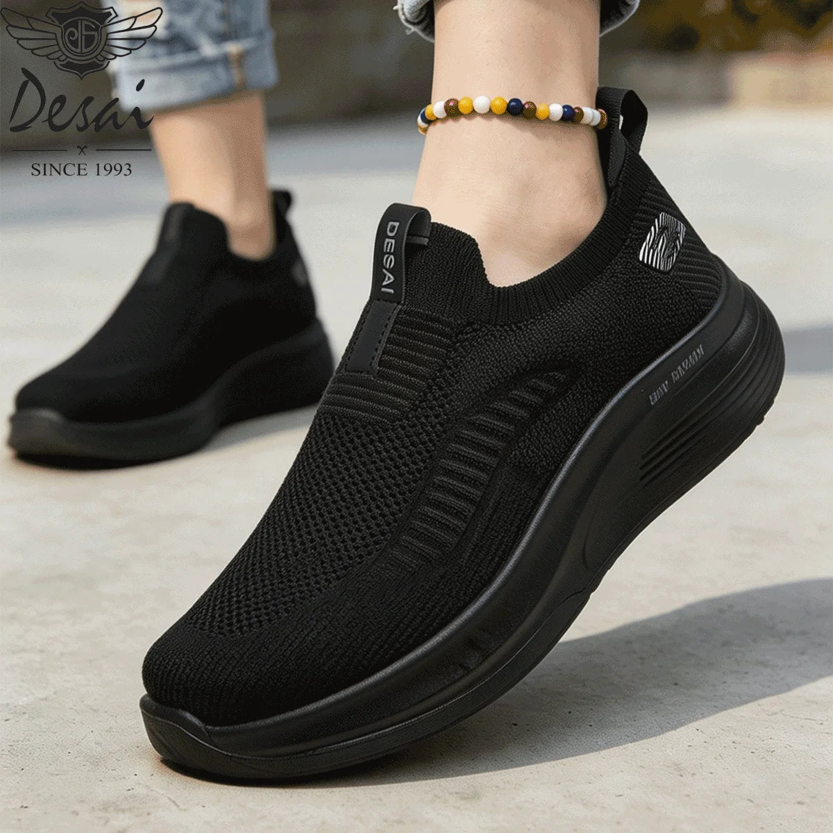 Desai Men's Wide Width Knit Slip-on Sneakers Max Cushion Walking Shoes Lightweight Breathable