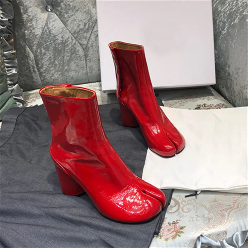 New Genuine Leather Tabi Ankle Boots Women Chunky Round Heels Shoes Woman High Heels Split Toe Tabi Boots Women Botas De Mujer