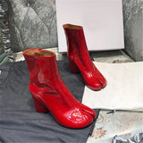 New Genuine Leather Tabi Ankle Boots Women Chunky Round Heels Shoes Woman High Heels Split Toe Tabi Boots Women Botas De Mujer