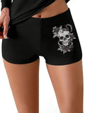 Vintage Skull Snake Rose Art Old Tattoo Women's Swim Shorts, High-Elasticity Quick-Dry, Printed Summer Bikini Shorts