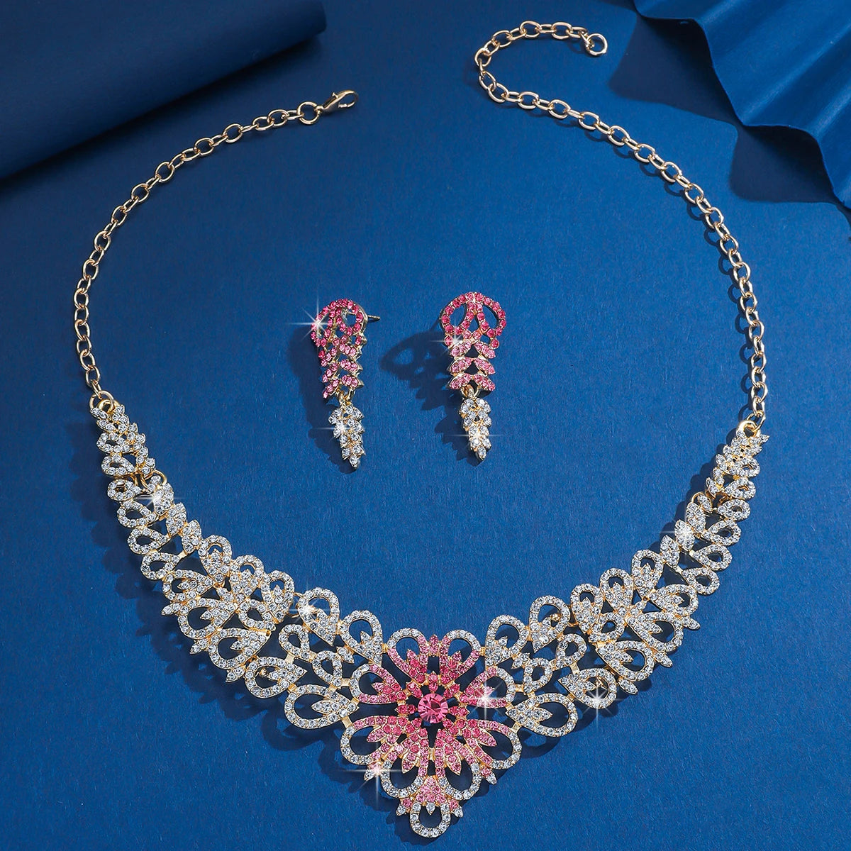 Luxury Pink Crystal Flower Jewelry Set Gold Plated Rhinestone Necklace & Earrings for Women Wedding Party Prom Accessories