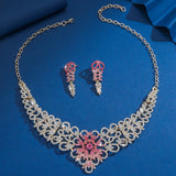 Luxury Pink Crystal Flower Jewelry Set Gold Plated Rhinestone Necklace & Earrings for Women Wedding Party Prom Accessories