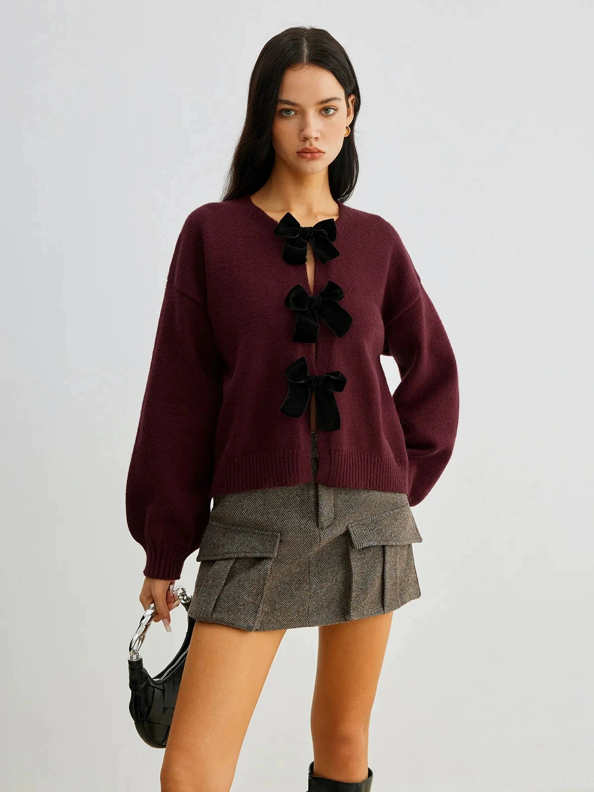 Autumn Winter Sweet Cute Coquette Women Wine Red Sweaters Cardigan Loose Lantern Sleeve Bow Knitted Fashion Female Outerwears