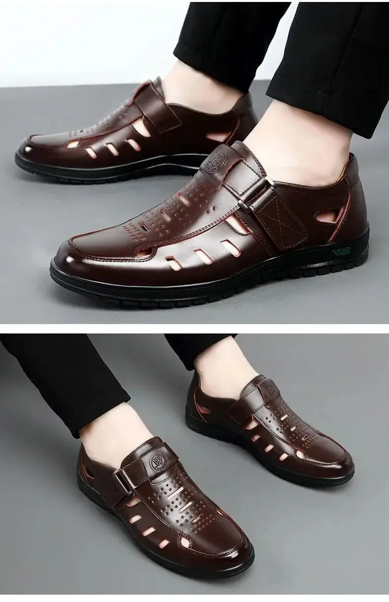 Men Genuine Leather Sandals Summer Breathable Casual Shoes for Man Slip on Clogs Outdoor Non Slip Hand Made Sandalias