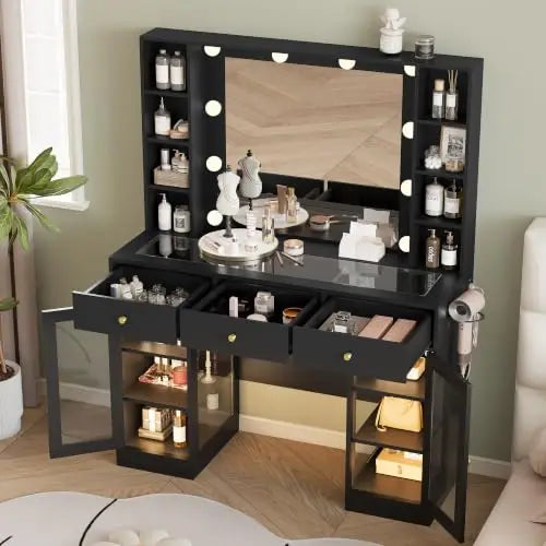 Makeup Vanity Desk with Mirror and Lights, Black Vanity with Glass Top, LED Lights & Power Outlet, 3 Drawers & 2 RGB