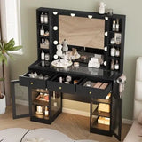 Makeup Vanity Desk with Mirror and Lights, Black Vanity with Glass Top, LED Lights & Power Outlet, 3 Drawers & 2 RGB