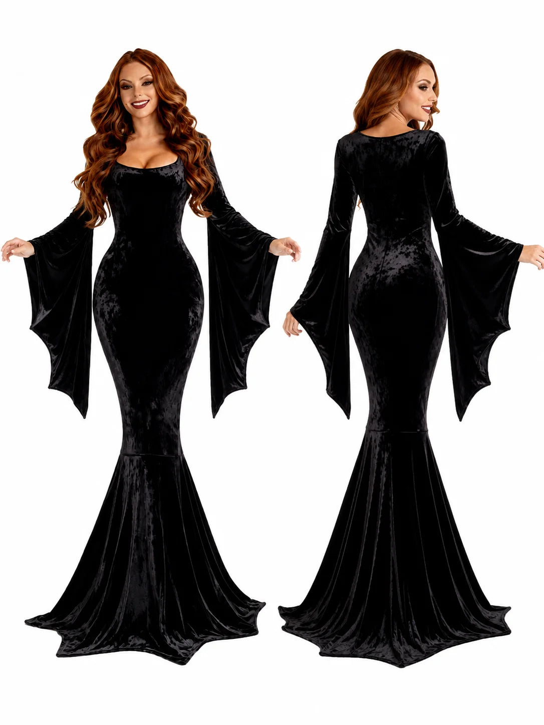 Women Gothic Velvet Mermaid Maxi Dress Bat Flared Long Sleeve Bodycon Gown Dark Witch Vampire Costume Halloween Cosplay Party Outfit