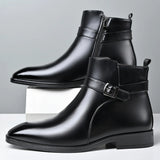Mens Buckle Strap Ankle Boots Pointed Toe Leather Formal Chelsea Boots Man Business Dress Short Botas for Men High Top Footwear