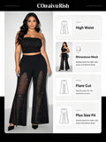 Plus Size Women Mesh Rhinestone Flare Pants High Waist See Through Sparkly Bell Bottom Trousers Night Club Party Black Pants