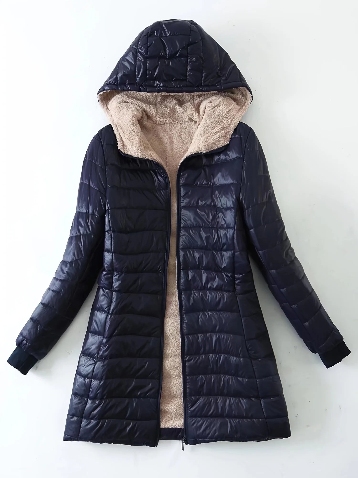 Autumn and Winter New Mid Autumn Long Hooded Cotton Jacket with Fleece for Warmth, Women's Coat