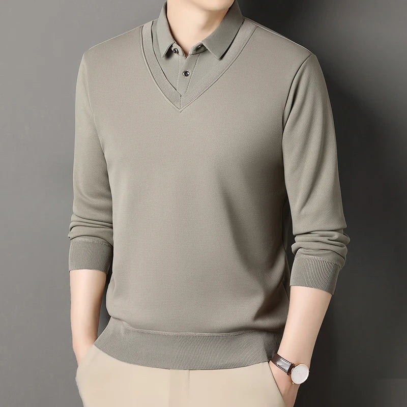 Men's Vintage Sweater Business Casual Pullover Slim Fit Fleece Lined Clothes Fake Two Pieces Knitted Sweaters