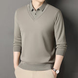 Men's Vintage Sweater Business Casual Pullover Slim Fit Fleece Lined Clothes Fake Two Pieces Knitted Sweaters