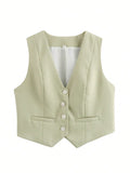 HH Women Casual V-Neck Sleeveless Waistcoat Elegant Fashion Solid Single-breasted Short Vest Chic Tops Female Summer Outerwear