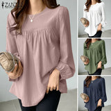 ZANZEA Elegant Solid Blouse Women Long Sleeve O Neck OL Work Shirt Spring Autumn Fashion Tunic Tops Blusas Female Loose Chemise
