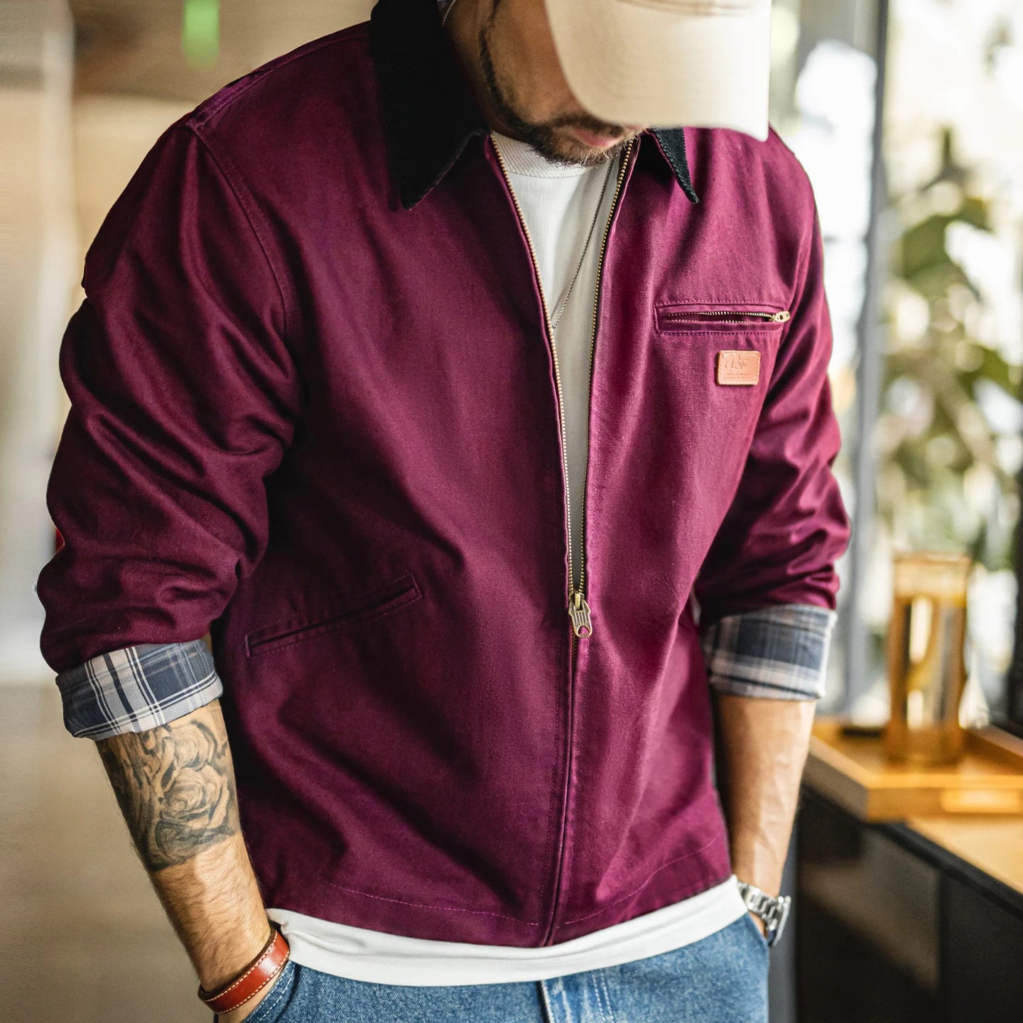 Maden Men's Retro J001 Detroit Jacket Heavyweight Canvas Hunting Coat Lapel Collar Work Jackets with Zipper for Spring Fall