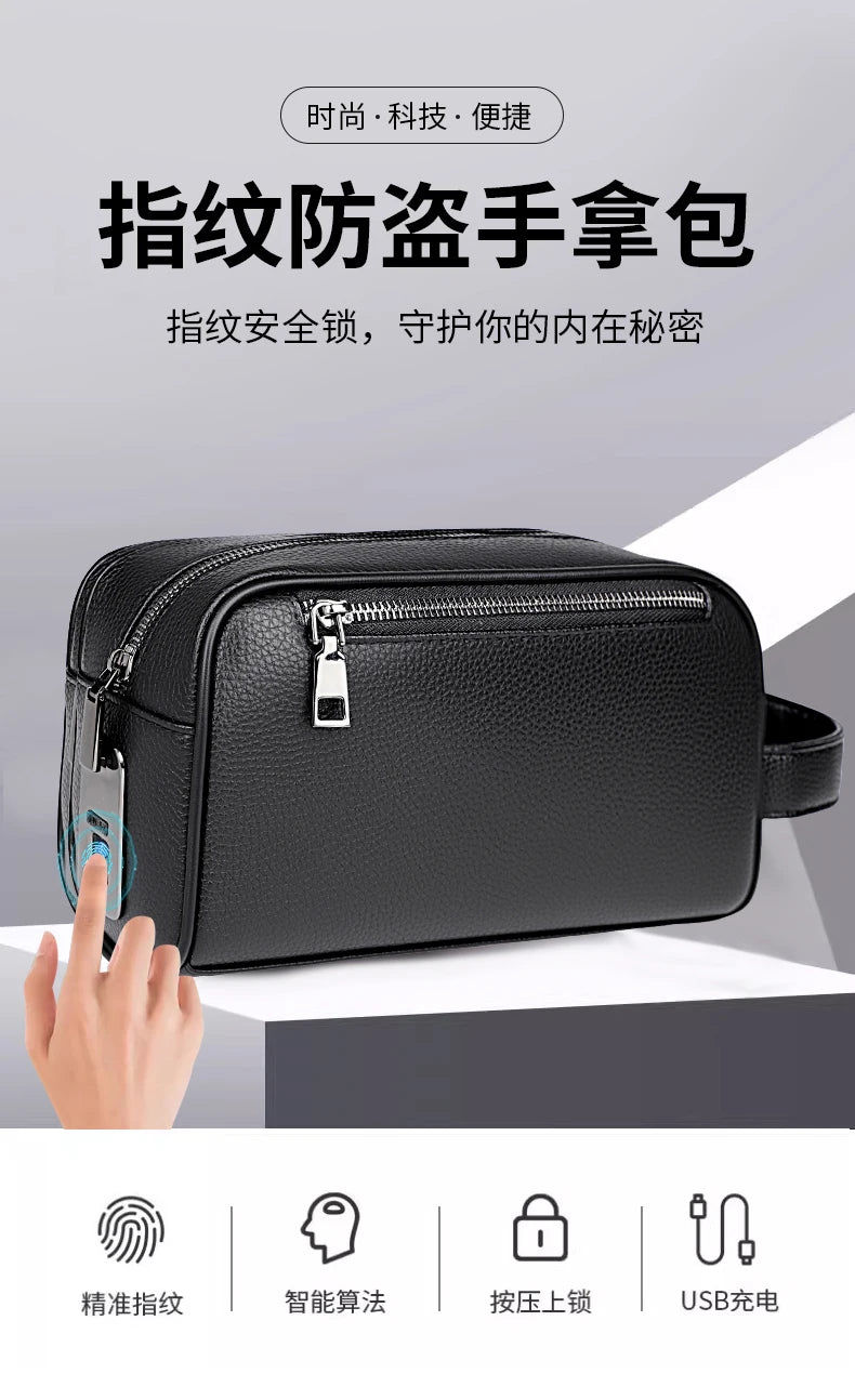 Male Long Money Wallets Mobile Phone Pouch Men Messenger Bag Anti-Theft Men's Fingerprint Lock Bags for Men Leather Hand Bag