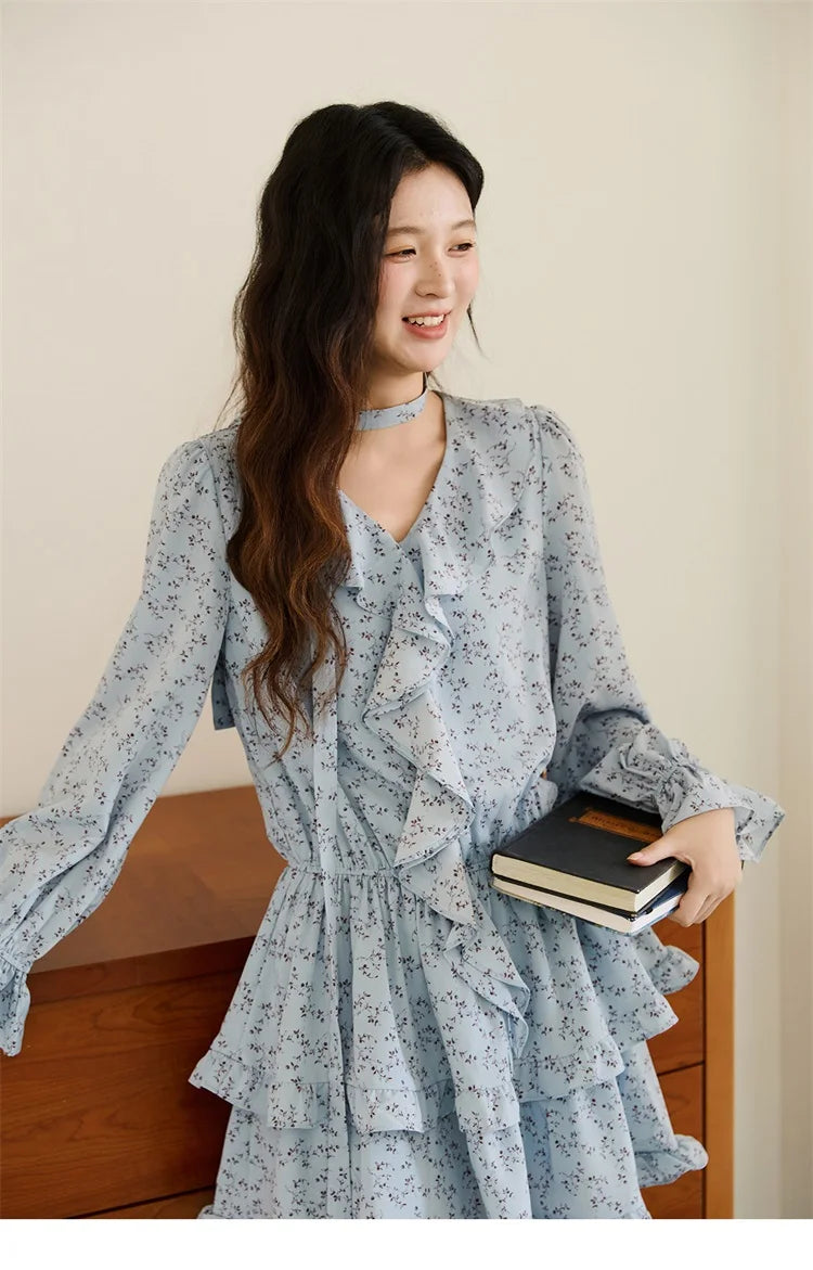 MISHOW Floral Dress for Women Cotton 2026 Spring Blue Luxury V-neck Ruffled Puff Sleeve Dress Party Midi Dress Woman MXE46L2517