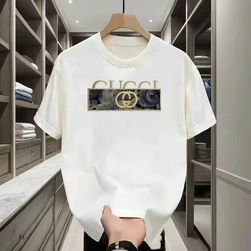 Men's Luxury Style T-Shirt Casual Cotton Short Sleeve Crew Neck Navy Blue Fashion Streetwear Tee for Daily Wear Print Pattern