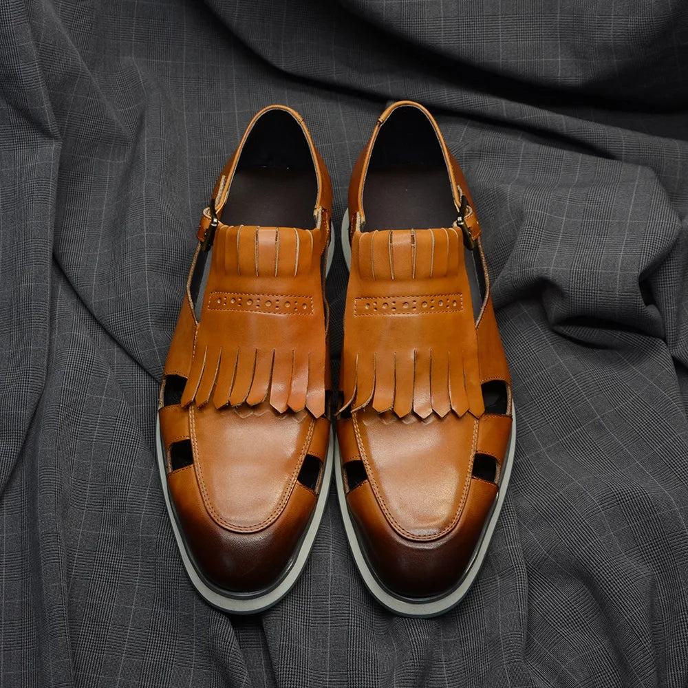 Classy Trending Mens Tassel Sandals Genuine Leather Buckle Strap Hollow Out Summer Casual Shoes for Men Comfortable Breathable