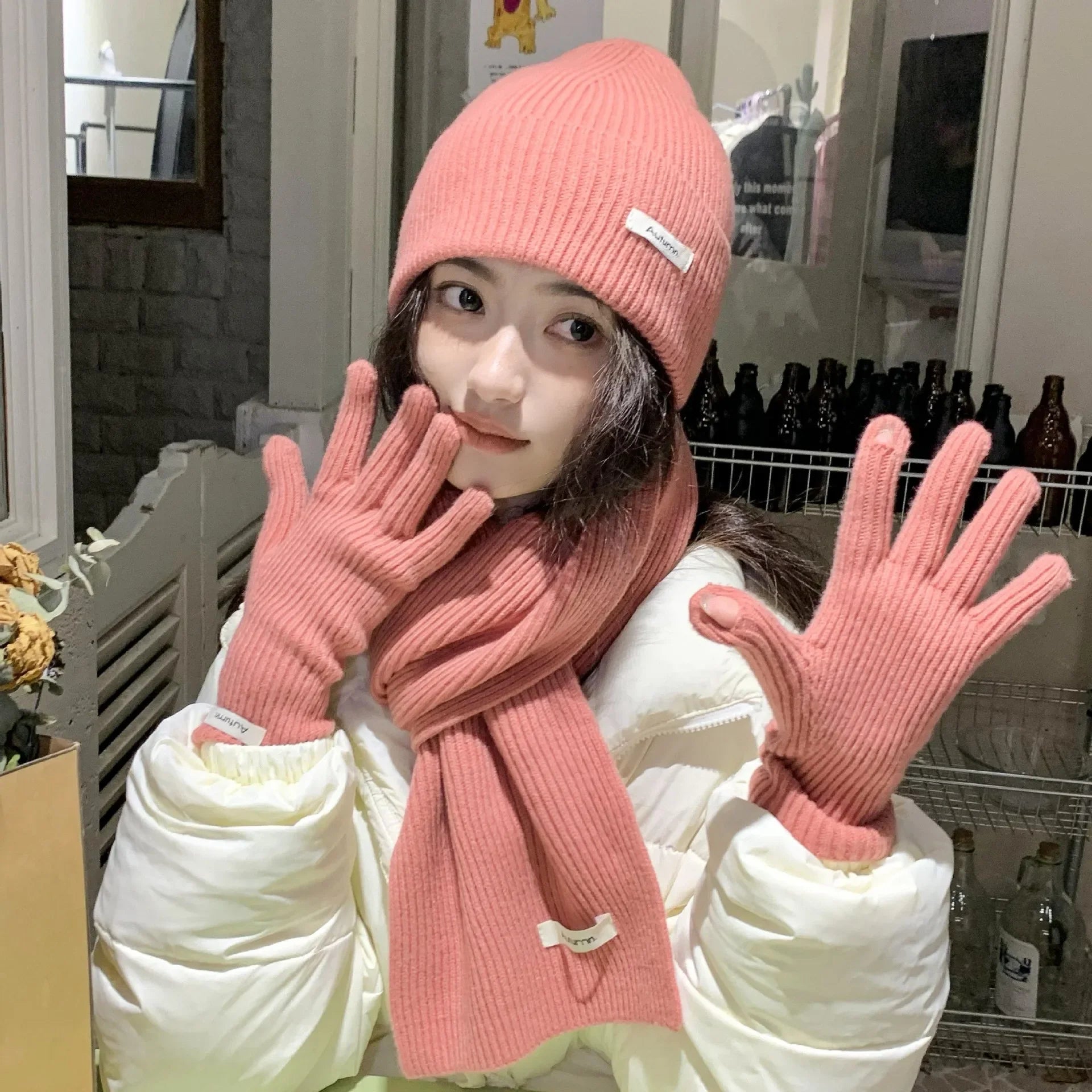 Solid Color Touch Screen Gloves Women Korean Autumn Winter Warm Knitted Three-piece Set Scarves Gloves Hat Women's Glove Sets